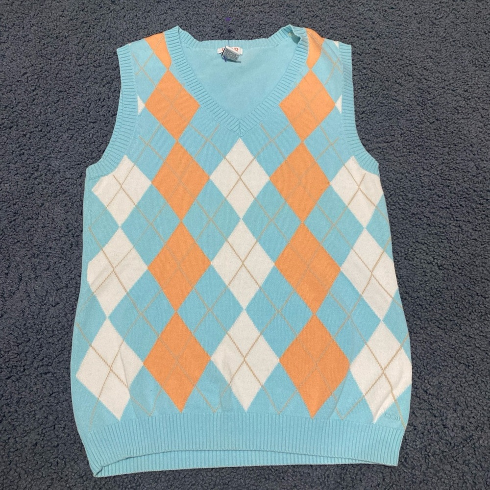 Izod  Women’s Sweater vest  , Argyle Size XS, Blue/ Orange, 100% Cotton